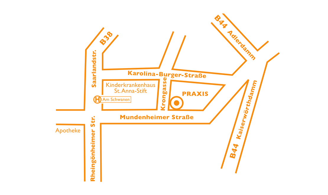 Anfahrtsskizze; ÖPNV Haltestelle: Am Schwanen